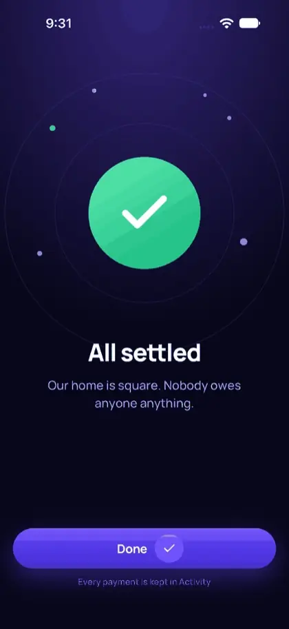 All settled screen in dark mode