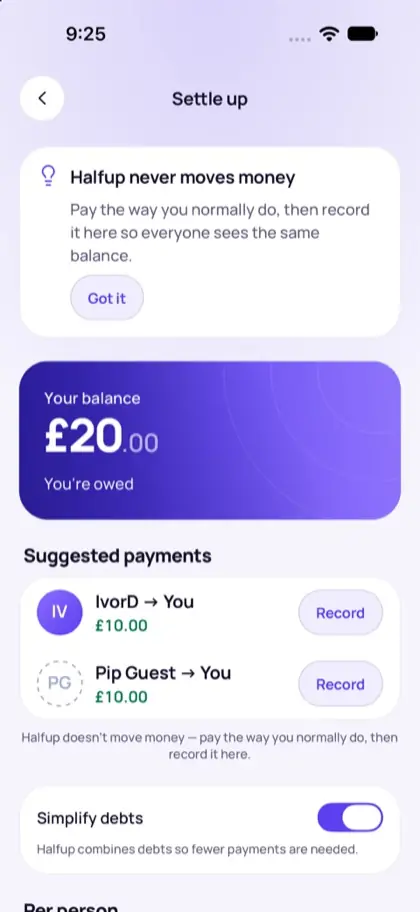 The settle up screen with suggested payments